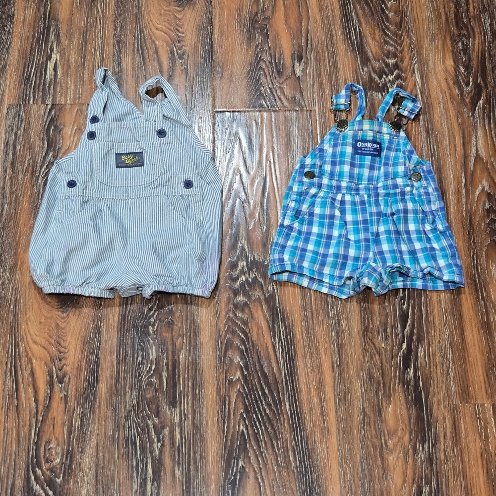 OshKosh B'gosh 3/6M Overalls Set Kids Blue Plaid Hickory Stripe Vintage USA FLAW